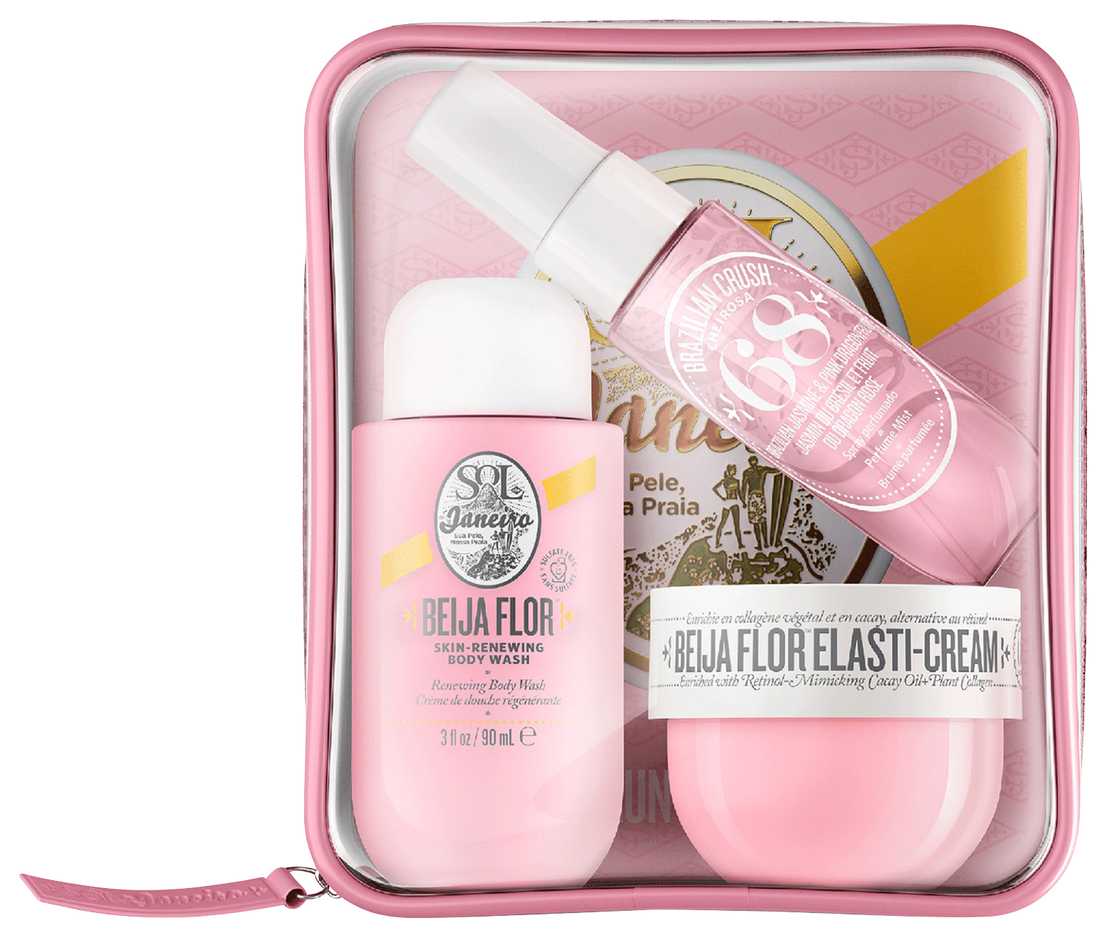 Drei Sol de Janeiro Produkte: Beija Flor Elasti-Cream, Cheirosa '68 Bodyspray und Beija Flor Skin-Renewing Body Wash.